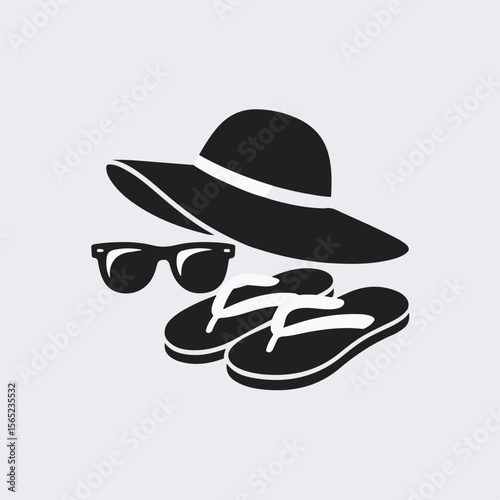 Stylish black and white summer essentials including a sun hat sunglasses and comfortable flip flops representing vacation relaxation