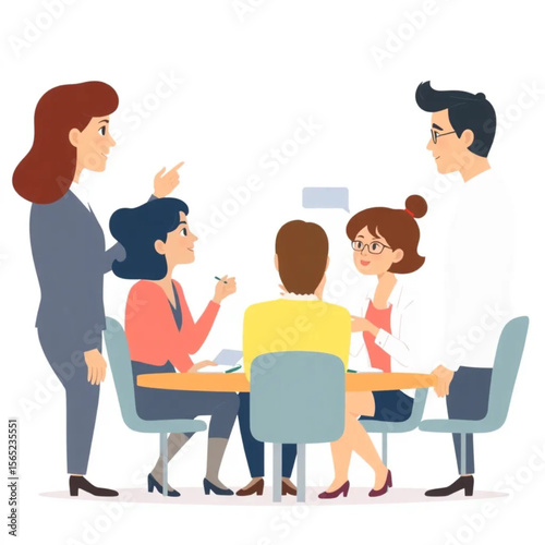A small team of three business professionals are conducting interviews. Everyone is contributing ideas, and a few are pointing at the board or screen.
