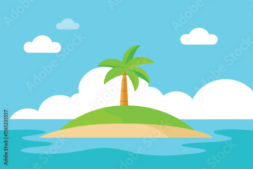 Serene Tropical Island Paradise Palm Tree, Ocean, and Sky Illustration