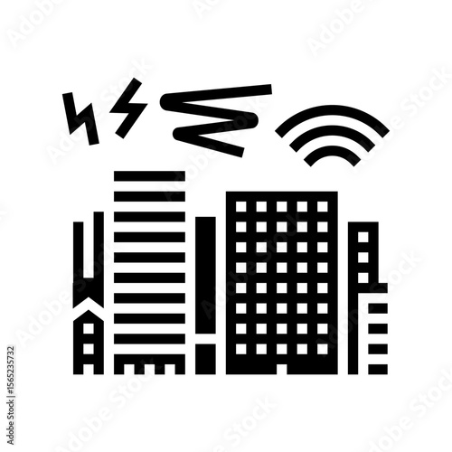 cityscape buildings surrounded by sound waves glyph icon vector illustration
