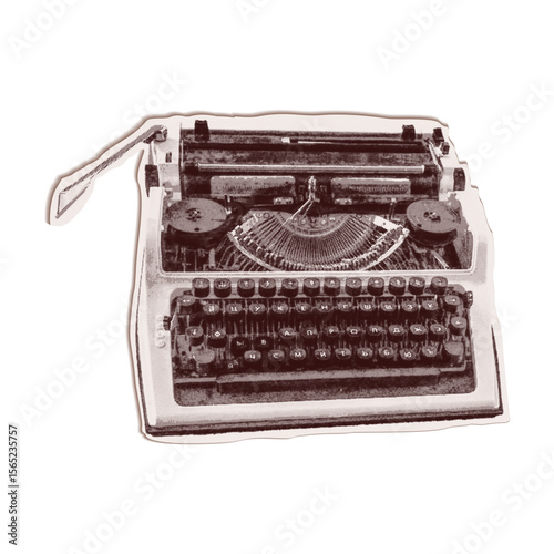 Trendy halftone collage of a typewriter cut out an old newspaper. Isolated vector illustration grayscale retro sticker with Bitmap and Dots texture. Vintage aesthetic, 80s - 90s vibe, nostalgic