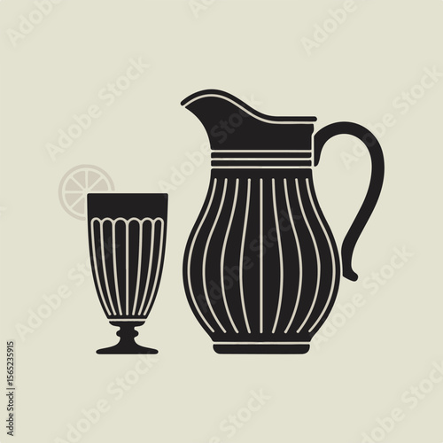 A minimalist black and white illustration featuring a pitcher and a glass with a slice of lemon for refreshing summer drinks.