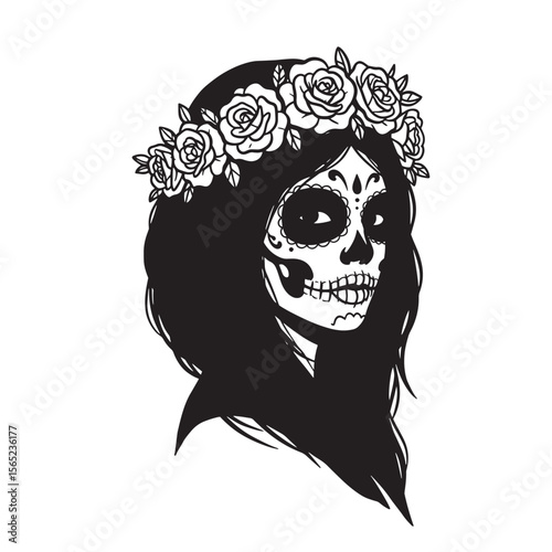 Beautiful sugar skull with rose crown depicting day of the dead celebration