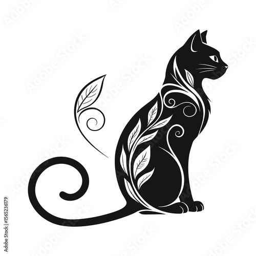 Elegant Tribal Cat Illustration with Floral Pattern – Decorative Animal Line Art Design .