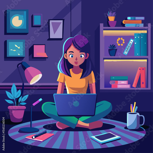 A woman is sitting on the floor with a laptop in front of her. She is wearing headphones and she is focused on her work. The room is dimly lit, and there are several books scattered around the area