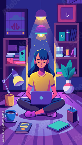 A woman is sitting on the floor with a laptop in front of her. She is wearing headphones and she is focused on her work. The room is dimly lit, and there are several books scattered around the area