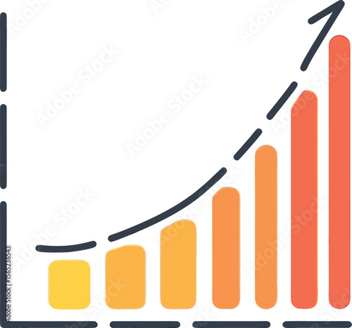 Bar chart with ascending orange and red bars and a rising dashed trend line
