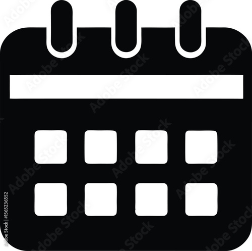 Black and white calendar icon with grid and top binding rings symbol