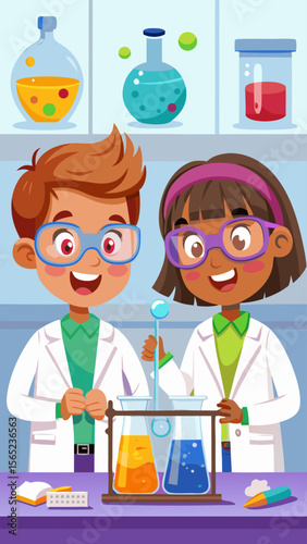 Two children in lab coats are smiling and holding test tubes. They are in a science lab. The lab is filled with various chemicals and equipment