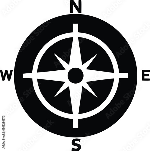 Black and white compass rose navigation symbol with cardinal directions