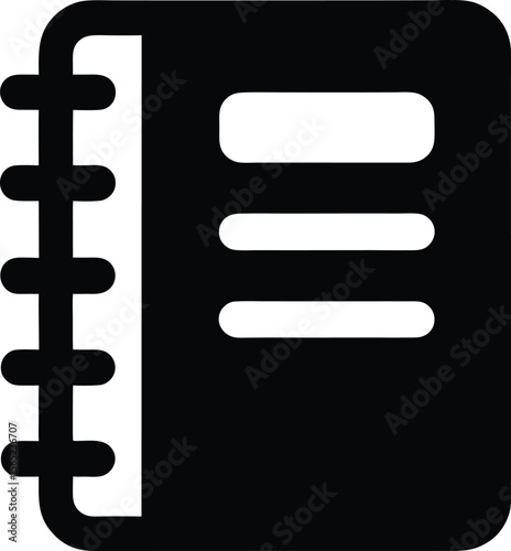 Black icon of a spiral bound notebook with three horizontal lines on front cover