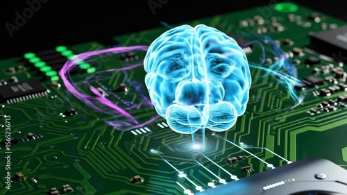 AI Brain Hologram on Circuit Board - Technology and Innovation 4k video