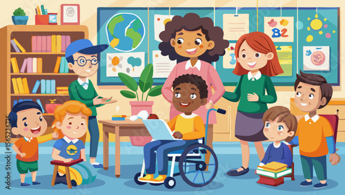 A group of children are sitting in a classroom with a teacher. One of the children is in a wheelchair. The teacher is talking to the children and they are all smiling. Scene is happy and positive