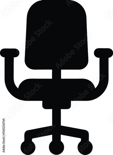 Black office swivel chair icon with armrests and five caster wheels silhouette