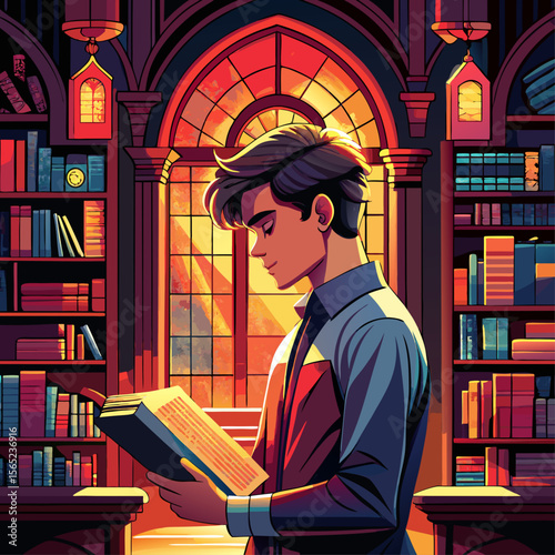 A man is reading a book in a library. The scene is set in a warm, cozy atmosphere with a lot of books around him. The man is wearing a suit and tie, which adds to the formal