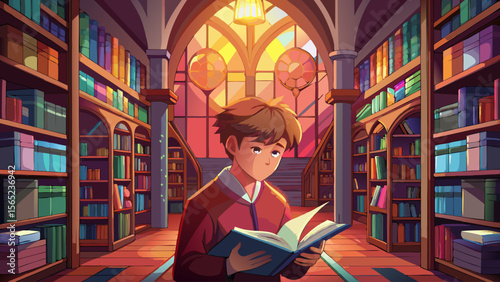 A man is reading a book in a library. The scene is set in a warm, cozy atmosphere with a lot of books around him. The man is wearing a suit and tie, which adds to the formal