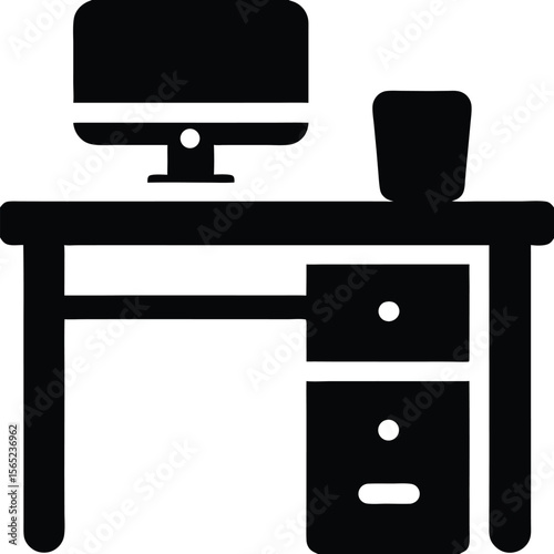Black silhouette of a computer desk with monitor and cup on white background