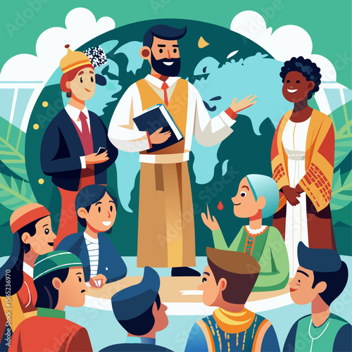 A group of people are gathered around a man who is holding a book. The man is a priest and the people are of different races and cultures. Concept of unity and diversity