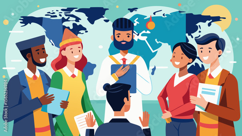 A group of people are gathered around a man who is holding a book. The man is a priest and the people are of different races and cultures. Concept of unity and diversity