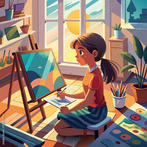 A girl is painting a picture in a room with a window. She is sitting on the floor and has a brush in her hand