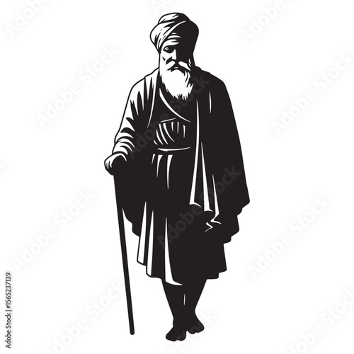 Black and white illustration of a sikh man with a turban and walking stick standing
