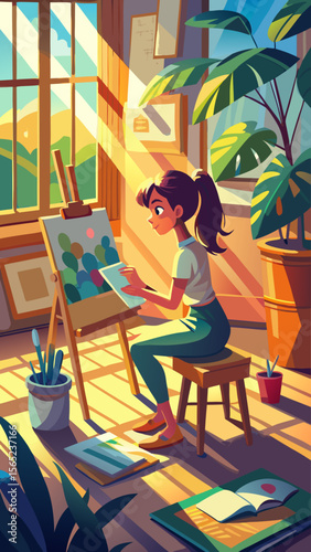 A girl is painting a picture in a room with a window. She is sitting on the floor and has a brush in her hand