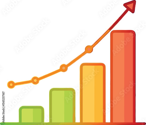 Colorful bar chart with rising red arrow showing increasing growth trend