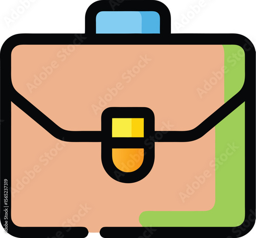 Flat icon of beige and green briefcase with clasp and handle