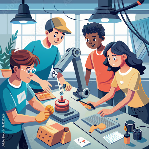 A group of people are working on a project together. They are all smiling and seem to be enjoying themselves. The project is a robot, and the group is working on assembling it