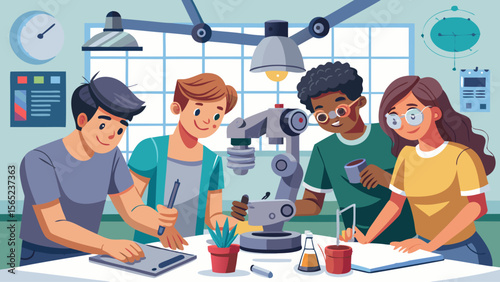 A group of people are working on a project together. They are all smiling and seem to be enjoying themselves. The project is a robot, and the group is working on assembling it