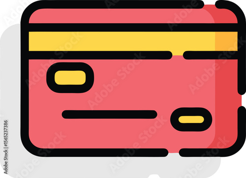 Flat vector illustration of a red credit card with black and yellow details
