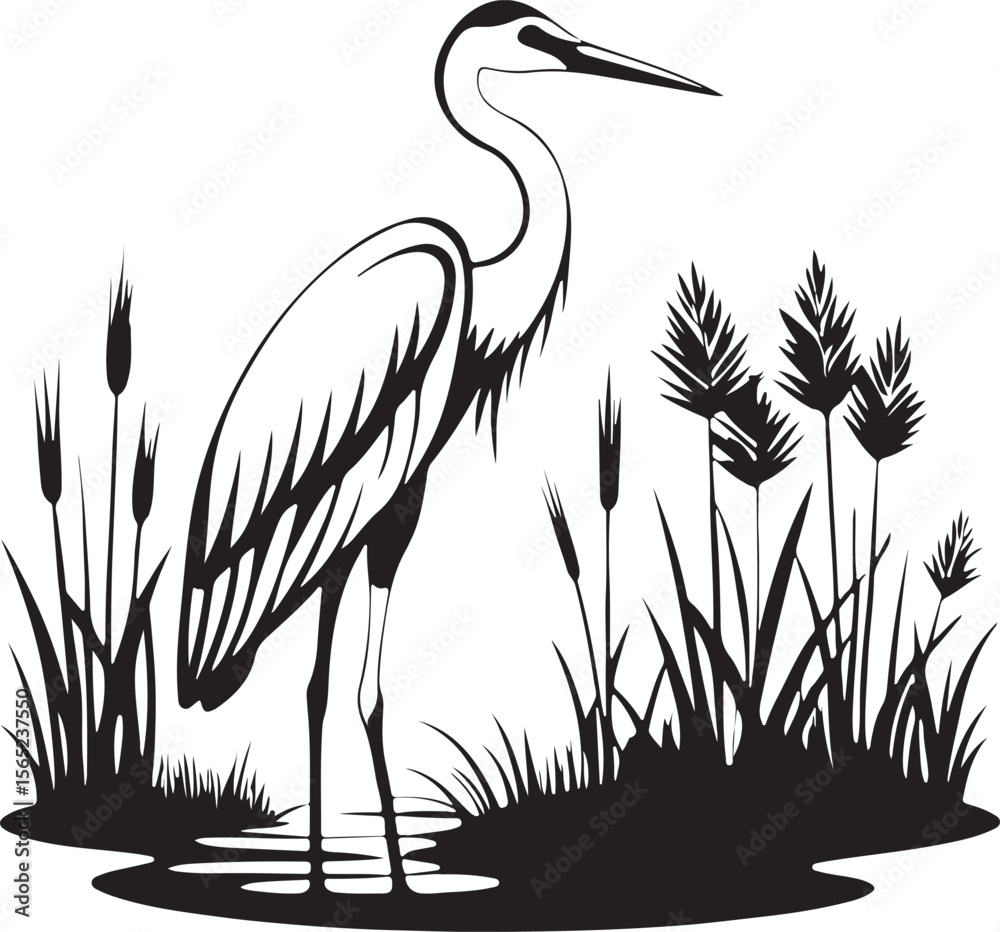 Fototapeta premium Heron or Crane Silhouette in Wetlands – serene and elegant vector art