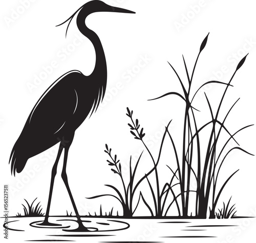 Heron or Crane Silhouette in Wetlands – serene and elegant vector art
