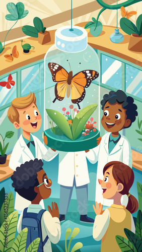 A group of children are looking at a fish tank with a butterfly in it. The children are wearing lab coats and seem to be learning about the butterfly