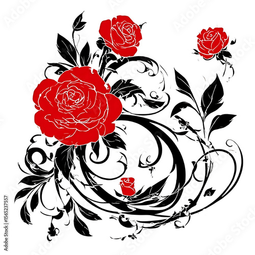 Scarlet Roses Embrace: A captivating vector graphic showcases vibrant scarlet roses intertwined with elegant black foliage, forming a striking floral pattern for any design.
