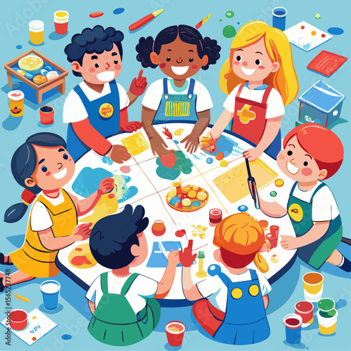 A group of children are sitting around a table with paint and brushes, creating art together. The scene is lively and fun, with the children enjoying their time and expressing their creativity