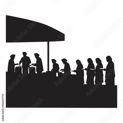 Black silhouette of a food line at a community kitchen or charitable event.