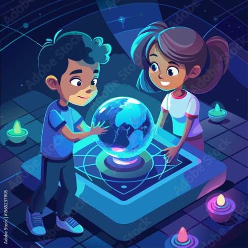 A boy and a girl are looking at a globe. The globe is surrounded by a blue background