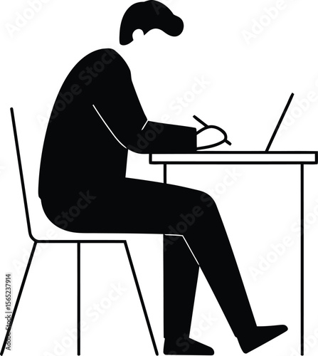 Illustration of Minimalist vector design of teenager student studying by a world-class graphic designer. black and white,  no text, minimalist, abstract, clean white 