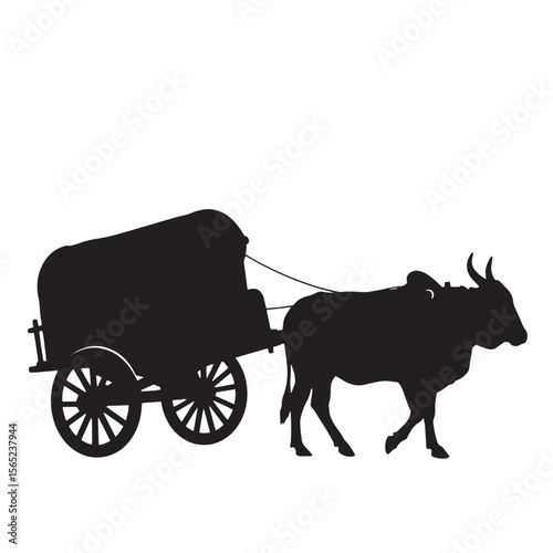 Black silhouette of an ox pulling a traditional covered wagon against a white background