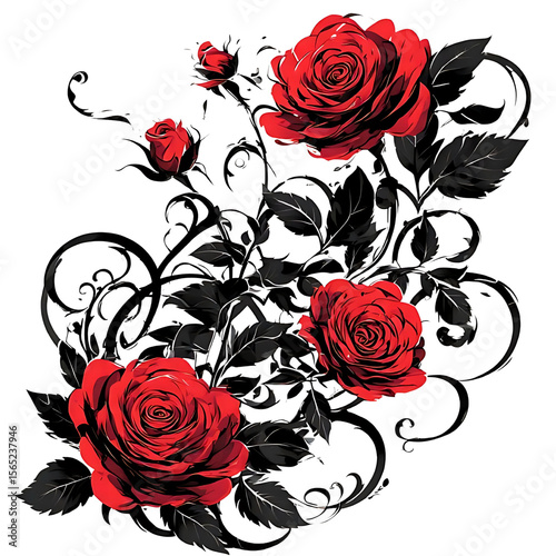 Crimson Rose Cascade: A dramatic arrangement of crimson roses and curling vines in a bold illustration. Evoking feelings of love, passion and artistics.