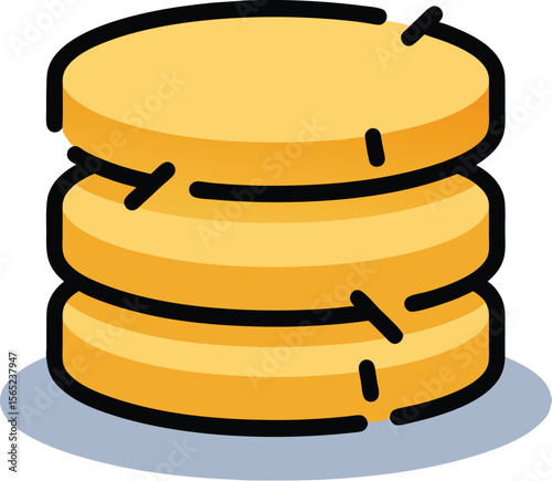 Illustration of three stacked golden pancakes with syrup in vector style