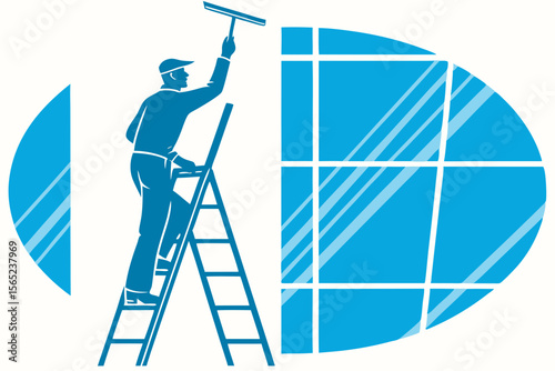 Silhouette of window cleaner standing on ladder wiping tall glass windows