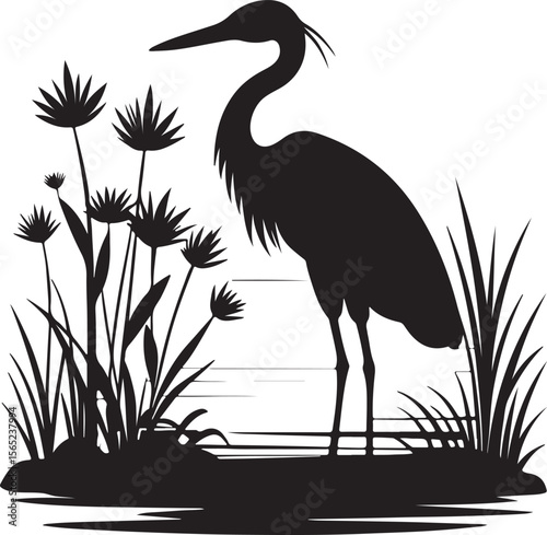 Heron or Crane Silhouette in Wetlands – serene and elegant