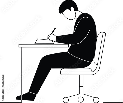 Illustration of Minimalist vector design of teenager student studying by a world-class graphic designer. black and white,  no text, minimalist, abstract, clean white 