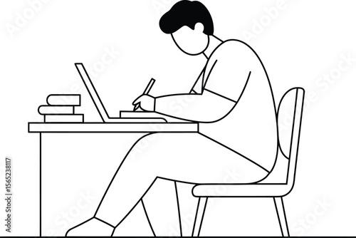 Illustration of Minimalist vector design of teenager student studying by a world-class graphic designer. black and white,  no text, minimalist, abstract, clean white 