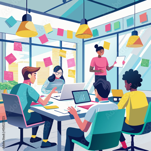 A group of people are sitting around a table with a woman giving a presentation. Scene is collaborative and focused, as the group is working together to achieve a common goal