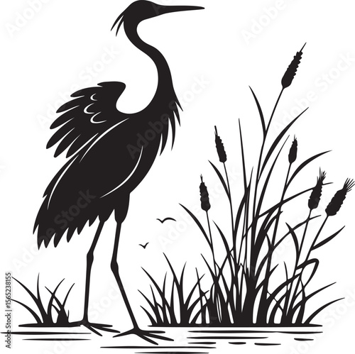 Heron or Crane Silhouette in Wetlands – serene and elegant
