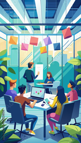 A group of people are sitting around a table with a woman giving a presentation. Scene is collaborative and focused, as the group is working together to achieve a common goal