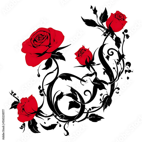 Crimson Grace: A mesmerizing composition showcasing elegant red rose blooms intertwined with graceful black tendrils and lush leaves, offering a visual symphony of nature's artistry.